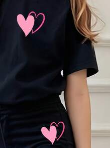 Girls 2-Piece Heart Print Short Sleeve T-Shirt And Skinny Stretch Flare Pants Set, Back To School/Matching Outfits For Friends & Sisters