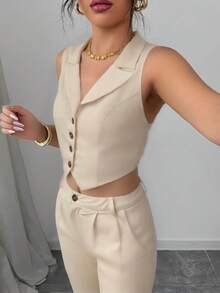 Traje de chaleco elegante y pantalones de pierna recta para mujer - Beis - Ver 3
