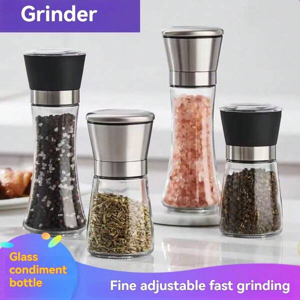 1pc 304 Stainless Steel Manual Grinder Bottle, Household Glass Spice Jar, Pepper Mill For Kitchen Use
