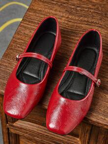 女士时尚方头一脚蹬平底鞋，舒适休闲百搭办公室女士户外鞋，高品质复古玛丽珍芭蕾舞鞋，适合春夏派对婚礼，红色