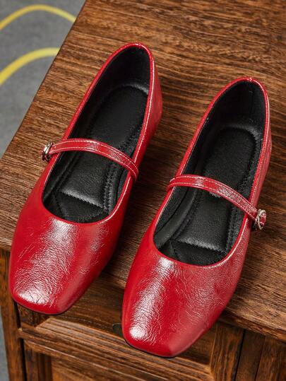 女士时尚方头一脚蹬平底鞋，舒适休闲百搭办公室女士户外鞋，高品质复古玛丽珍芭蕾舞鞋，适合春夏派对婚礼，红色