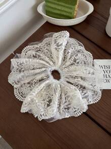1pc Cute Lace Flower Decor Scrunchie, Premium Floral Print Double-Layer Hair Tie Ponytail Holder
