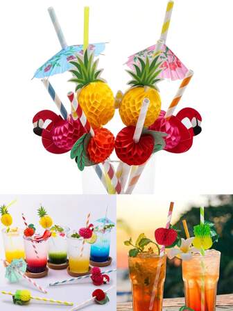 Fruit Pattern Paper Straws, Tropical Party Set, Hawaiian Straws And 3D Fruit Umbrellas, Paper Watermelon And Pineapple Cocktail Decorations, Summer Party Accessories With Festive 3D Honeycomb Holders, Can Be Used For Birthday Party Decorations, Great For Drinks, And Christmas Gifts