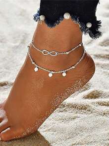 双链脚链 8 字形环状仿珍珠配饰金属时尚海滩派对女款 - 銀色 - 查看 3