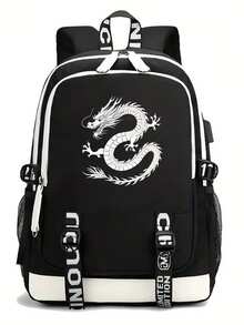Fashion Dragon Print Backpack - Lightweight Large Capacity School Bag, Adjustable Straps, Dragon Pattern Design, Unisex Durable Casual Commute Travel Backpack | Creative Pattern Backpack | Durable Nylon Backpack - Black - View 11