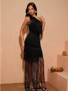 DEIVE TEGER 黑色时尚流苏绷带长裙，女士优雅鸡尾酒礼服，婚礼活动礼服，半正式礼服，适合生日、婚礼宾客、毕业典礼、晚宴、返校节派对礼服、舞会礼服 - 黑色 - 查看 3