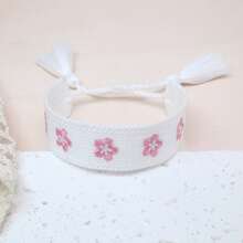 1 pieza Pulsera de estilo bohemio hecha a mano con bordado floral y borlas, ajustable, adecuada para regalos a amigos, familia, estudiantes, para vacaciones, fiestas, viajes y bodas - Blanco - Ver 5