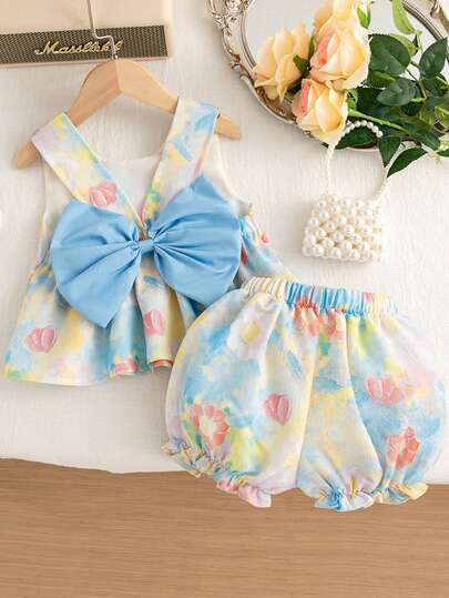 2 件套夏季女婴蝴蝶结后背花朵装饰无袖上衣和短裤两件套休闲度假装