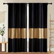 1Set/2pcs Modern Black & Golden Color Block Pattern Curtain Panels,100%Material Semi-Shading - UV Protection Polyester Drapes,With Fashion Golden Print Design,Fade Resistant, ,These Window Drapes Provide Privacy And Serve As Decorative Elements For The Living Room - Black Gold - View 2