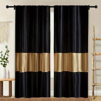1Set/2pcs Modern Black & Golden Color Block Pattern Curtain Panels,100%Material Semi-Shading - UV Protection Polyester Drapes,With Fashion Golden Print Design,Fade Resistant, ,These Window Drapes Provide Privacy And Serve As Decorative Elements For The Living Room