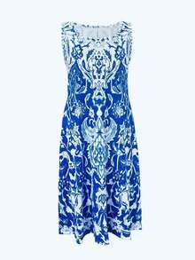 Plus Size Fashion Printed Bohemian Style Vacation Dress With Pockets, Summer Elegant - Blue - View 2