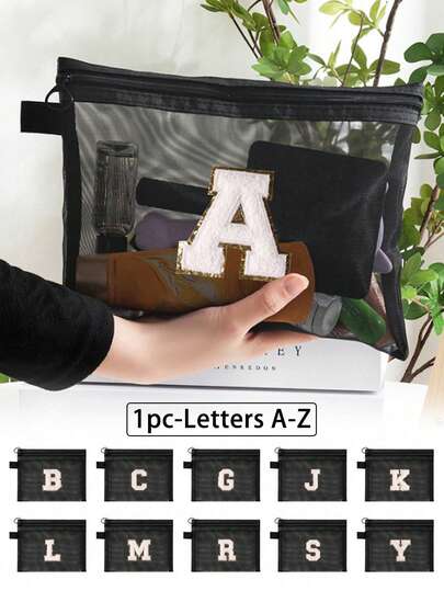 1pc Black Mesh Bag, Large Capacity , Towel Embroidered Letters A-Z, Transparent Mesh Cosmetic Storage Bag, Multi-Functional Travel Portable Bag, Lipstick Skincare Product Storage Washing And Makeup Bag, Student Stationery Bag, Mesh Zipper Bag, Travel Cosmetic Packaging Storage Bag, Simple And High-End, Accessory Storage, Suitable For Dormitory Storage, Travel, Business Trip, Swimming, Home Storage Make Up Bag