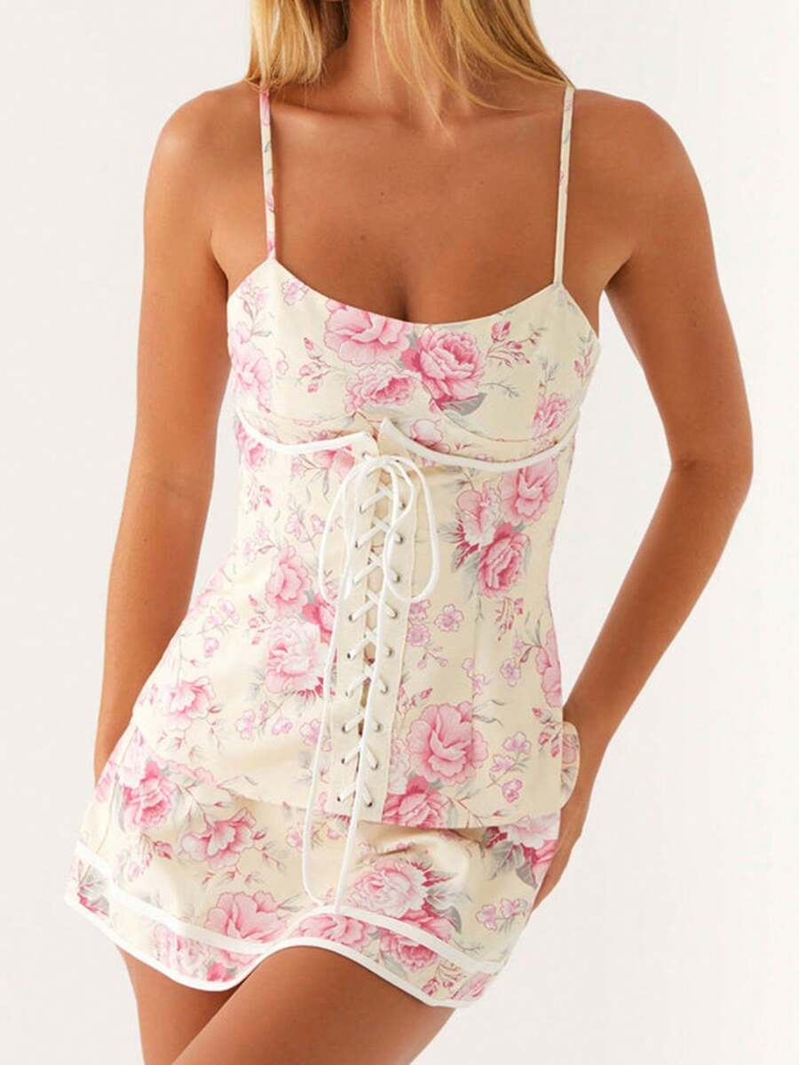 Women's Bustier Corset Mini Dress Spaghetti Straps Backless Low Cut Short Dresses Summer Floral Boho Sundress - 粉色 - 查看 1