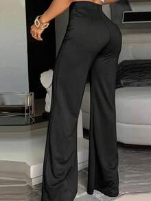 女士优雅高腰阔腿裤 - 黑色涤纶直筒裤，纽扣细节，适合休闲或正式穿着