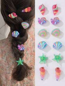 Set de 12 pinzas para el cabello con conchas y estrellas de mar para niñas, decoración para vacaciones y uso diario - Multicolor - Ver 1