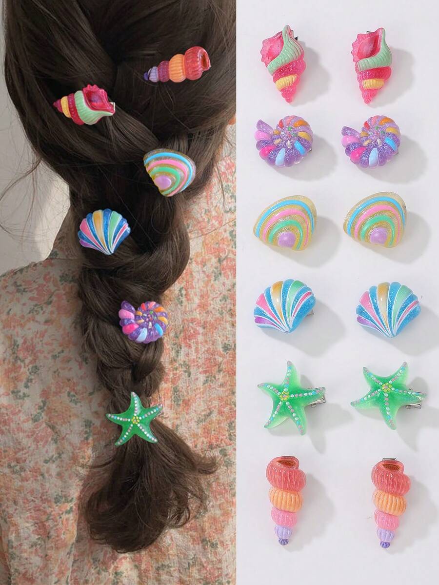 Set de 12 pinzas para el cabello con conchas y estrellas de mar para niñas, decoración para vacaciones y uso diario - Multicolor - Ver 1