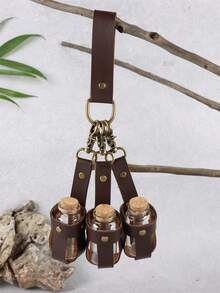 一套中世纪炼金术仿皮3件套药水瓶，奇幻腰包/侧包，维京角色扮演配饰（带腰带环），文艺复兴女巫道具，魔法药水瓶，朋克万圣节服装道具