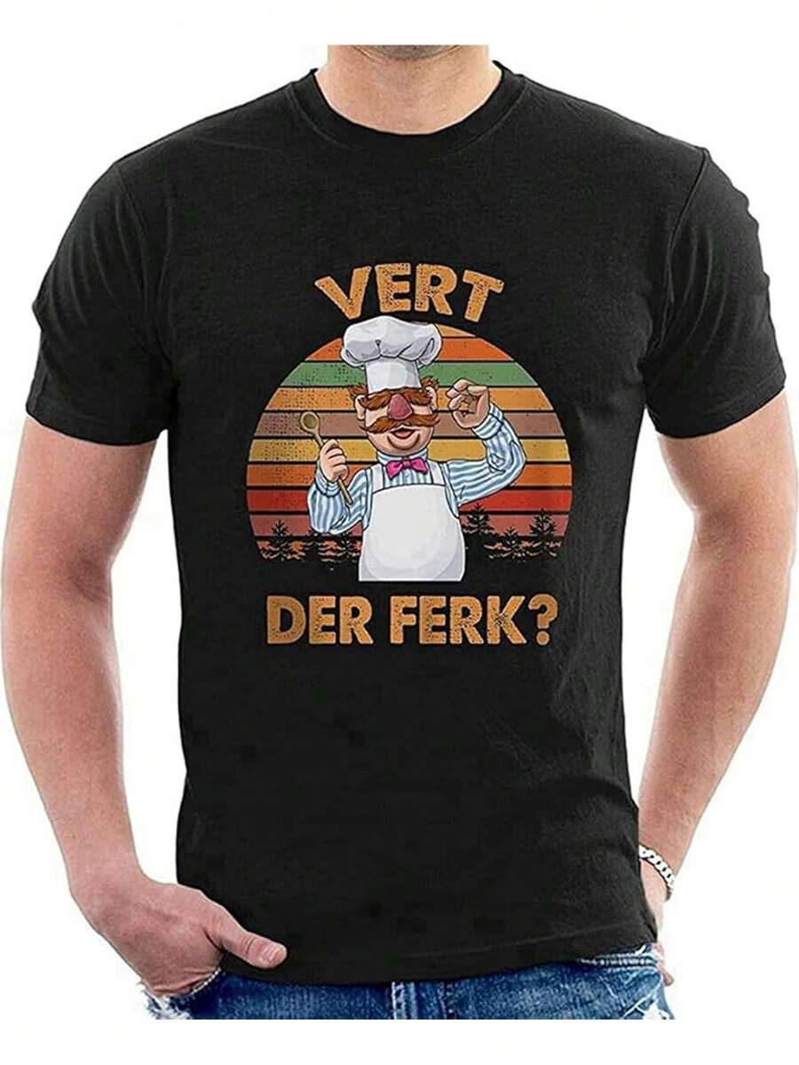 Vert Der Ferk? Men'S T Shirt Inspired By Swedish Chef Muppets Show Cotton, Comfortable And Durable, With Geometric Pattern, Round Neck, Machine Washable Suitable For All Seasons, Black , - Black - View 1