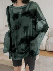 休闲扎染印花薄纱宽松落肩上衣，春夏款 - 墨綠色 - 查看 5