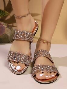 New Crystal Strap Slippers, Casual Open Toe Outdoor Wear Girl Sandals, Soft Sole Vacation Beach Shoes, Shiny Gold Rhinestone Slides - Champagne - View 3