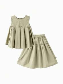 Balabala 2pcs/Set Young Girl Solid Color Bow Decor Camisole And Mini Skirt, Cute & Fashionable For Summer - Khaki - View 3