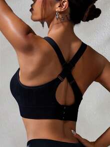 女士运动文胸可调节后背无缝交叉后背无钢圈瑜伽健身上衣可拆卸胸垫性感文胸聚拢防摔跑步透气内衣秋冬女套装秋冬装 - 黑色 - 查看 6
