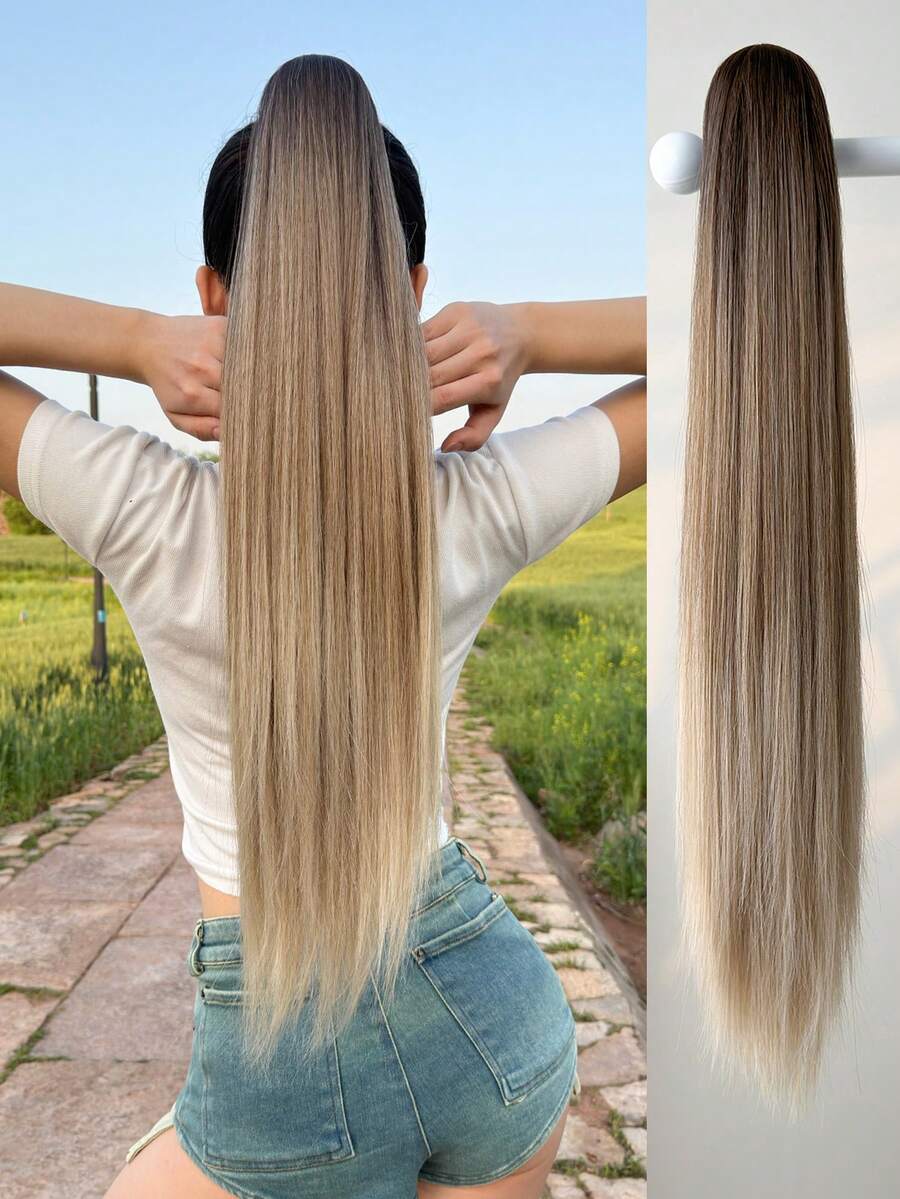 Claw-Style Ponytail Hair Extensions, Long Straight Black-Brown 24-26 Inch Heat-Resistant Fiber Clip-In Ponytail