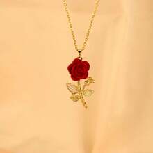 1pc Stainless Steel Rose Flower Necklace, Luxury Fully Paved Diamond Charm Necklace For Women, Versatile Choker Necklace, Not Include Gift Box, Suitable For Valentine's Day, Christmas, Thanksgiving, Easter, Mother's Day, Gift For Friends And Family - Necklace - View 1