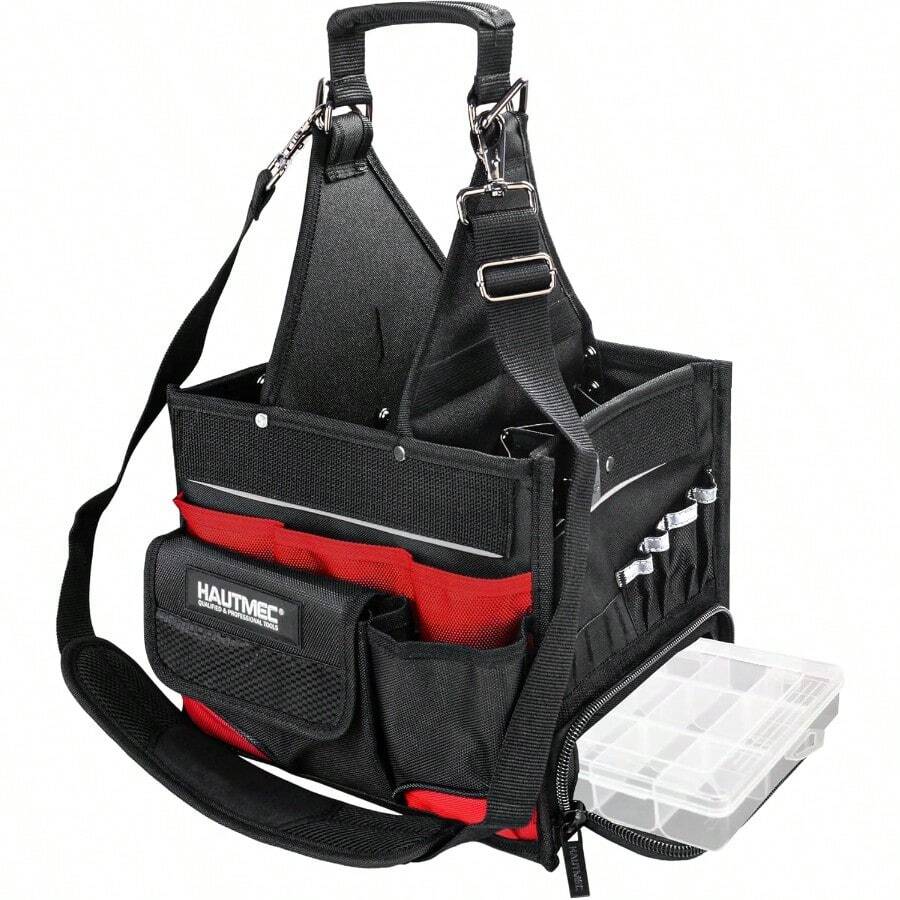 HAUTMEC Electrician Tool Bag With Parts Tray HeavyDuty 37Pocket Open Top Tool Tote Reinforced Base WaterResistant Adjustable Shoulder Strap HT0174 - ‎black&Red - View 1