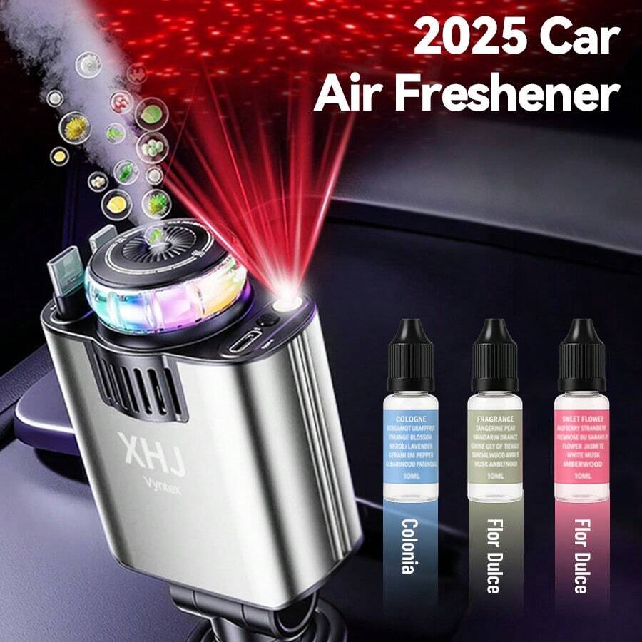 XHJ New Retractable Car Charger, Equipped With Dual Fast Charging Cable IOS + USB, Charging Head Can Be Adjusted 180 °, Car Aromatherapy, Aromatherapy, Purify Odors, Light Up The Starry Sky Projection, Model Universal.