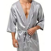 Summer Loungewear | Simple Casual Robe | Silky Texture Shorts,Men's Ice Sliky Fiber Fabric Two-Piece Hooded Robe Basic Long Robe + Shorts - Granny Gray - View 4