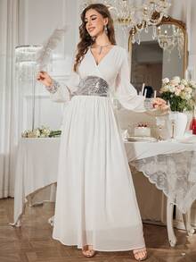 Women's Summer New Waist Gathering Design Dress, Casual Vacation White Flowy Long Dress; Women's Elegant Fashion High-Level Sparkling Sequin Patchwork V-Neck Maxi Evening Dress, Bridesmaid Dress - White - View 4