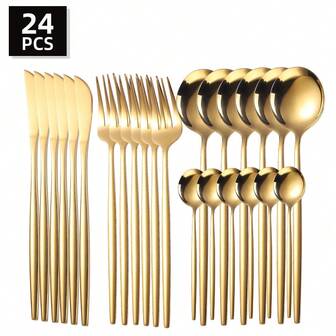 24pcs Premium Stainless Steel Portuguese Style Cutlery Set, Suitable For Kitchen, Dining Room, Hotel, Party, Thanksgiving, Christmas, Graduation And Wedding,School Supplies
