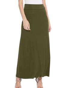 Maxi Length High Waist Foldable Waistband Solid Skirt  Plain  Casual  Elegant  Knitted Fabric        Home  Office  Street  Daily - 橄欖綠 - 查看 1
