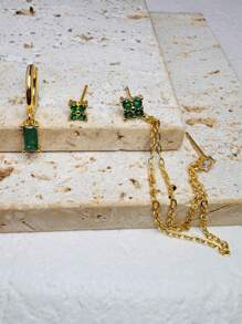 3 Pcs Exquisite Chain Dangle Hoop Earring Stud Sets For Women Emerald Green CZ Flower Cartilage Piercing Earrings Fashion Jewelry, Hypoallergenic 14K Gold Plated Dangle Earrings Dainty Small Long Chain Earring