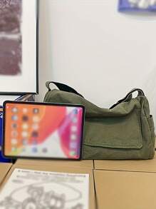 Oversized Washed Canvas Messenger Bags, Casual Shoulder Bags For Men, Minimal & Artistic Vibe, Large Capacity Canvas Flap Satchel Bags For Students, Solid Color