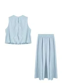 韩版休闲两件套：蓬松背心吊带衫+松紧腰半身裙，优雅 - 藍色 - 查看 8