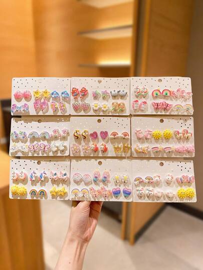 12 件可爱彩色夹式耳环，女孩无穿孔耳环配饰