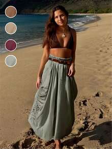 Women Casual Boho Drawstring Big Pockets Bohemian Loose Skirt, Vacation Outfits - 灰色 - 查看 7