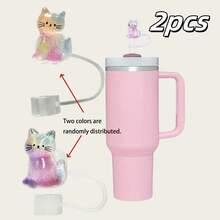 1/2/3 件闪亮树脂迷你猫吸管顶饰 - 彩虹和紫色闪光设计，可重复使用的闪光小猫设计 - 粉色 - 查看 15