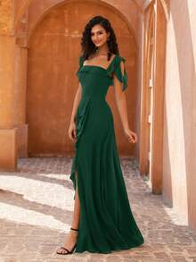 MOEVIO 女士优雅露肩荷叶袖A字高开衩伴娘婚礼宾客正式晚礼服，适合舞会、毕业典礼、返校节、节日、秋季等场合