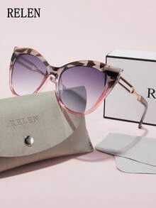 RELEN 1pc ELEN Brand Women Fashion Sunglasses, New Design Cat Eye Luxury Niche Personalized Versatile High Quality Street Style Accessories, Includes Eyeglasses Case And Cloth, Suitable For Beach, Outdoor, Cycling, Vacation, Sun Protection, Stage Performance, Party, Gathering - Multicolor - View 11