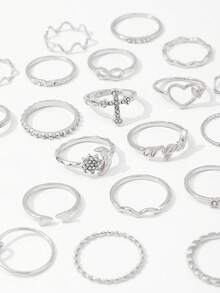 25pcs Set Of Fashionable Star, Moon And Heart Shaped Rhinestone Decorated 8 Piece Minimal Geometric Boho Rings - Silver - View 2