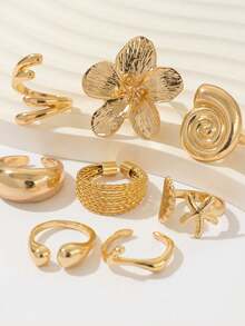 8pcs/Set Gold-Plated Summer Large Flower Shell & Seashell Beach Rings Set, Asymmetric Rings, Gift For Women & Girls - Multicolor - View 5