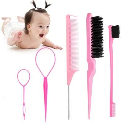 3/5件套婴儿梳子套装，多功能儿童梳子，适用于新生儿洗发，女孩美发造型工具 - 适合所有发质和日常造型，便携式家庭梳子套装