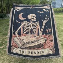 Skull Reader Pattern, Bohemian Style Jacquard Weave Fringe Blanket, Thick, Stain Resistant, Tear Resistant, Washable, Easy Care, Non-Fading, Non-Pilling, Suitable As Bedspread, Sofa Throw, Office Lap Blanket, Picnic, Camping And Home Decor