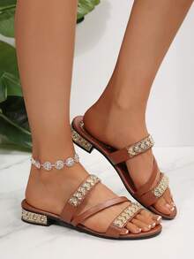 Women's Flat Sandals, Summer Rhinestone & Glitter 2-In-1 Stylish Slippers, Suitable For Outdoor Wear - Brown - View 2