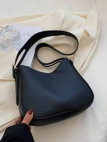 时尚纯色宽肩带女士水桶包拉链单肩包 - 黑色 - 查看 2