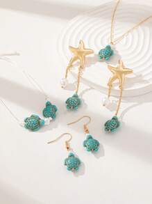 1 Set Summer Vocation Beach Style Blue Turquoise Stone Cute Sea Turtle Pendant Necklace Earring Bracelet Jewelry Set