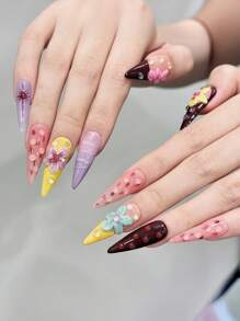 10pcs Hawaiian Dopamine 3D Devil Flower Handmade Acrylic Press On Nails, Colorful Summer Nails Extra Long Stiletto Pointed Fake Nails, Full Coverage French Tip Nails With Jelly Glue And Nail File, DIY Nail Art Supplies